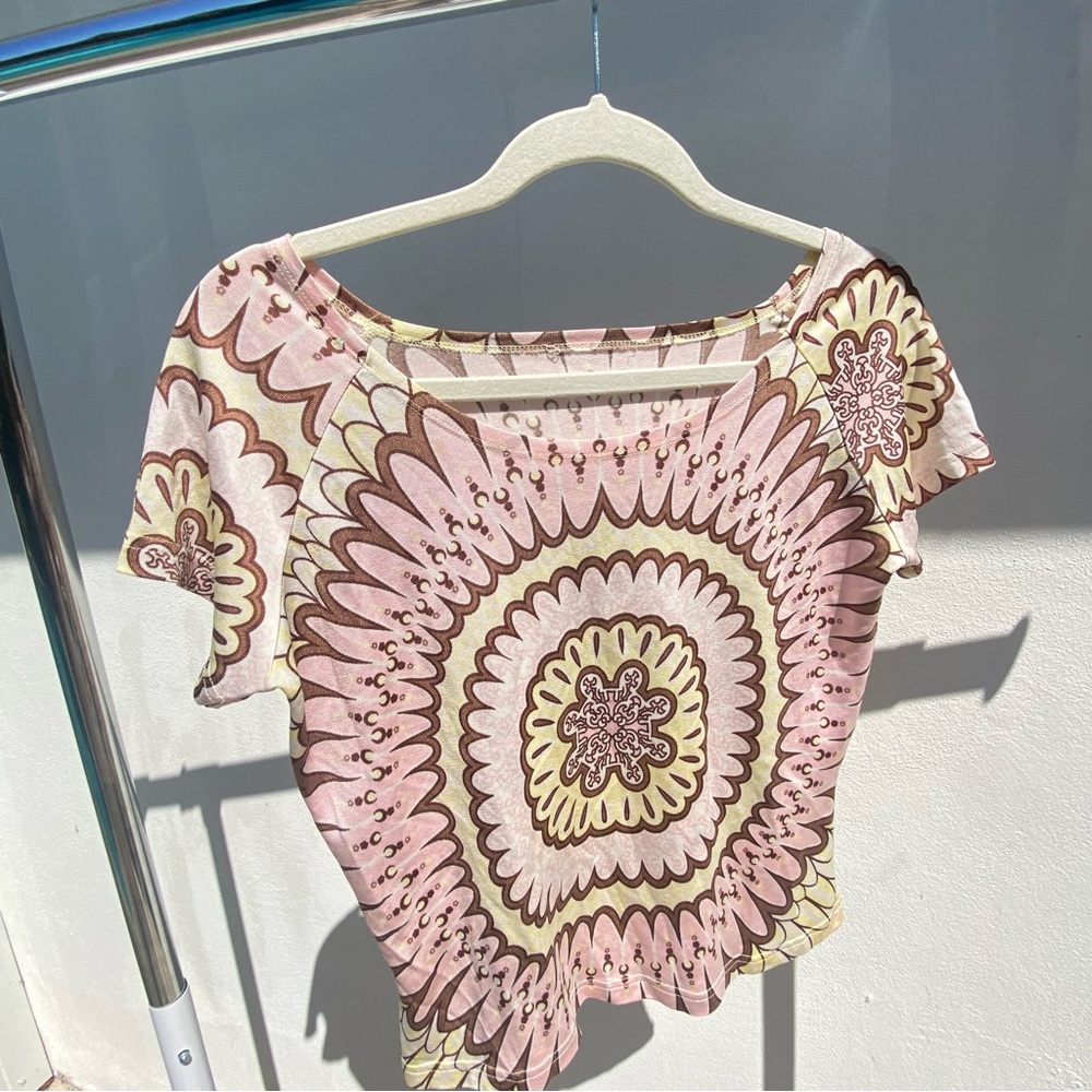 Y2K Pink Yellow Brown Mandala Slinky Top Size Medium